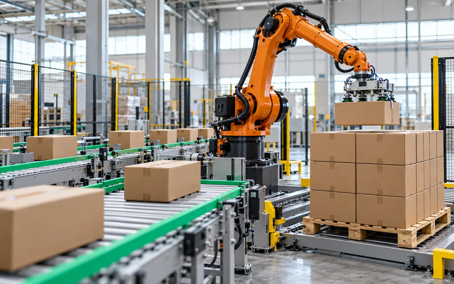 Wizualizacja poglądowa robotyzacji pakowania — ramię paletyzujące kartony